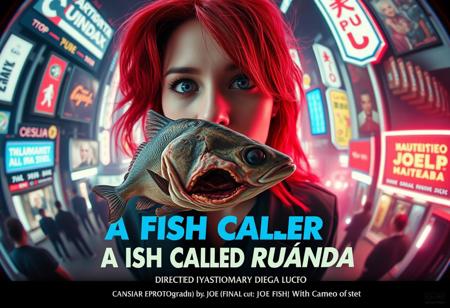 **“A captivating and surreal movie poster for A Fish Called Ruanda, a futuristic B-movie thriller with a girly, campy twist. The scene is viewed through the exaggerated distortion of a fish-eye 12mm cinema prime lens, pulling the viewer into the chaotic, neon-soaked dystopian cityscape. Front and center is the main actress, Katarina Pesceallegro, a striking redhead with a mix of glamour and danger in her expression. Floating ominously nearby is a grotesque, decaying fish, symbolizing the ‘very rotten climax.’
The poster includes bold, retro-futuristic typography for the title A Fish Called Ruanda, with the subtitle in Polish beneath it. The credits at the bottom feature:
	•	Directed by: Max Morrison
	•	Director of Photography: Diego Dalla Luce
	•	Edited by: JOE “FINAL CUT” Switcho
	•	Main Actress: Katarina Pesceallegro
	•	Co-Starring: JOE FISH
	•	With the Cameo of: STEWEN SEAGULL
The design blends neon tones, gritty textures, and campy B-movie flair, making it a trendsetting cinematic experience that teases its quirky, action-packed storyline.”**