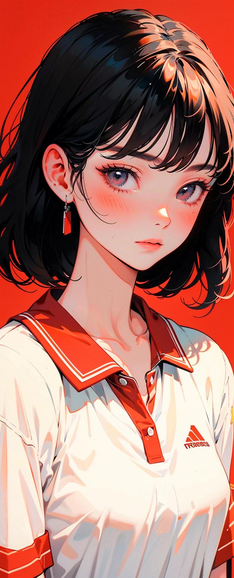 Anime-style drawing of a girl with a red shirt and white collar, wearing earrings.