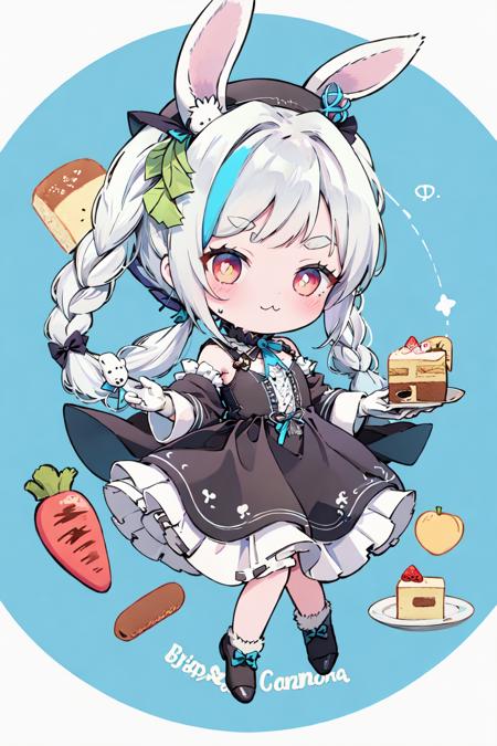 1girl, virtual youtuber, usada pekora, food-themed hair ornament, chibi, blue hair, solo, red eyes, :3, braid, long hair, carrot hair ornament, twin braids, white hair, rabbit ears, hair ornament, food, animal ears, multicolored hair, carrot, rabbit girl, don-chan (usada pekora), two-tone hair, plate, cake, hat, gloves, twintails, thick eyebrows, bangs