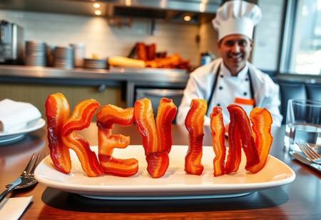 The name ‘KEVIN’ spelled out using crispy, golden-brown bacon strips, carefully arranged on a white ceramic plate. The plate sits on a restaurant table with a clean, stylish table setting—silverware, a napkin, and a glass of water nearby. In the background, a professional kitchen is visible, where Kevin, dressed as a chef in a classic white uniform and hat, is preparing more bacon with a confident smirk. The lighting is warm and inviting, capturing the delicious texture of the bacon and the lively restaurant atmosphere