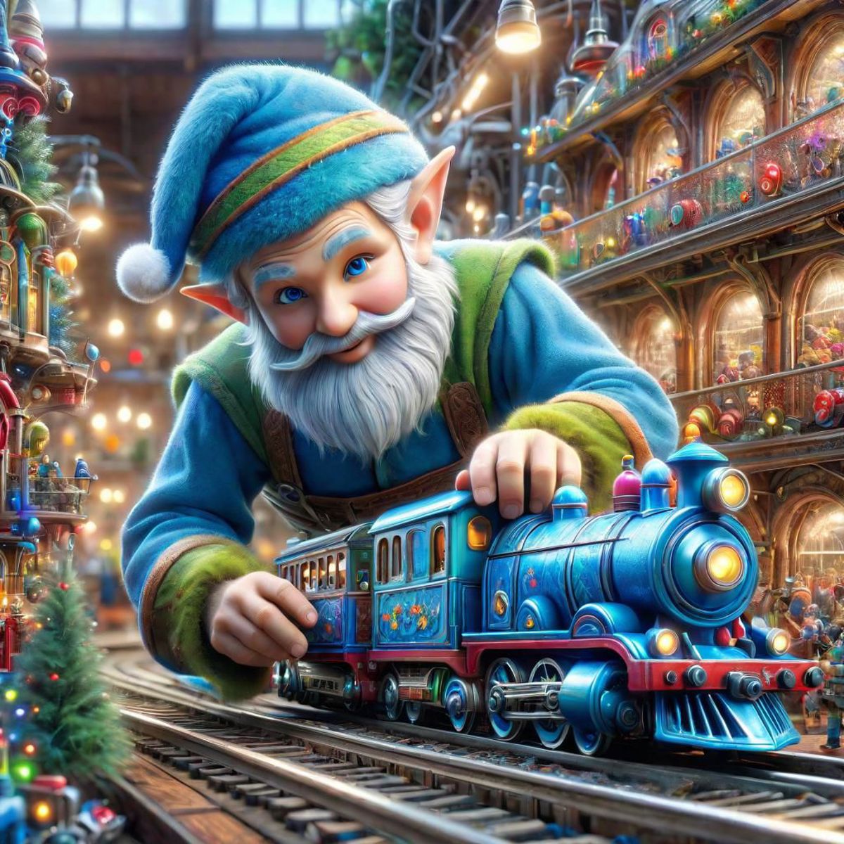 A blue elf in a Santa hat is pushing a blue train on a track.