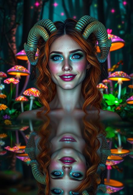 celestial astro beauty, professional photography of an fantastical naughty Satyress full body shot, vertical reflection, blue eyes, cute face, freckles, goat legs, bare breasts, pan pipes, purple lipstick, green eyeshadow, eyeliner, runny mascara, opalescence horns, smile, two-tone (copper, ginger)hair, mermaid hair, curvy, sweaty skin, in an enchanted forest, brightly coloured glowing mushrooms and flowers, Break. 1ly4, detailed skin, 8K, cinematic lighting, volumetric lighting,Reflections from water on ground, with whimsical elements, flowers and swirling magic, eerie fairytale landscape, elaborate fantasy style art, very colorful, intricate details, ultra sharp, exquisite detail, flawless composition, vivid colors, masterpiece, exciting forest, Reflections, vertically mirrored imagery, perfect symmetry in the style of kaitlynn peavler and dreamscape, high quality, highly detailed, high coherence, intricate, elegant, sharp focus, octane render,
