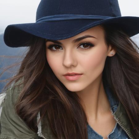 victoria_justice, <lora:VictoriaJusticeXL:1>, woman, 1girl, solo, long hair, brown hair, long sleeves, hat, brown eyes, jacket, upper body, outdoors, hood, nail polish, lips, makeup, blurry background, crossed arms, denim, black nails, jeans, realistic, nose, denim jacket, ((perfect eyes, detailed eyes,realistic eyes)), ((sharp face, detailed face, realistic face, naturtal skin, realistic skin, detailed skin, pores))