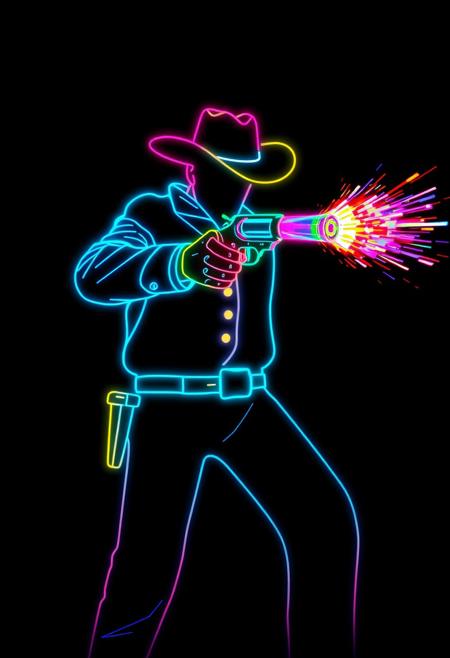 "Image of a neon outline of a cowboy, frozen in the act of shooting his pistol. The pistol's barrel is aglow with a vibrant, swirling mixture of colors, as if the bullet itself is made of pure, unadulterated color. A flurry of colors blasts from the end of the barrel, radiating outwards in a mesmerizing display of light and energy. The cowboy's neon outline is bold and striking, set against a dark background that allows the colors to pop. Style: vibrant, dynamic, and futuristic, with a focus on capturing the explosive energy and colorful chaos of the moment." Absurdres Highest-Quality, 4k