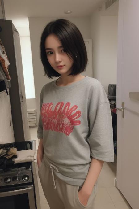 29 yo girl, Korean beauty, short hair, brunette, close-up, girl next door, baggy clothes, night, interior,