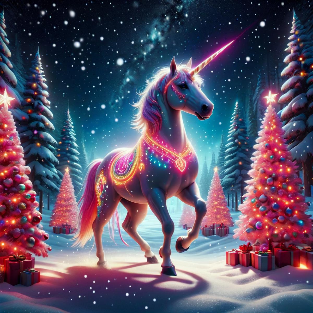 A magical scene of a unicorn walking through a snowy forest with colorful Christmas trees in the background.