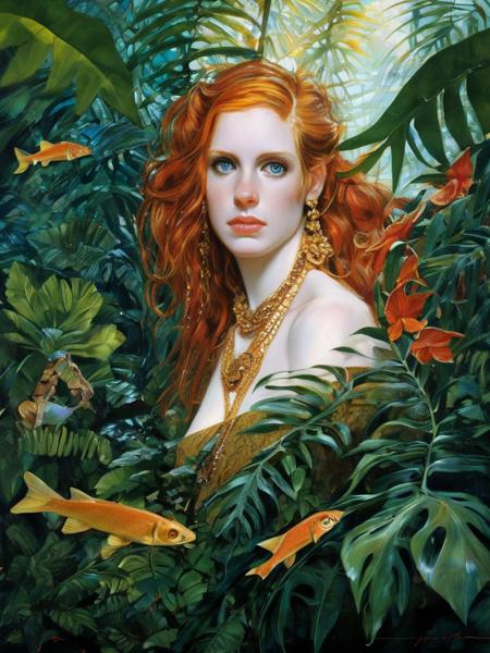 noriyoshiohrai style, facial focus, cute ginger girl in a jungle paradise, freckles, ornate, jewellery, bones, stunning eyes, hair in the wind, jungle cat, water falls, masterpiece, stunning composition