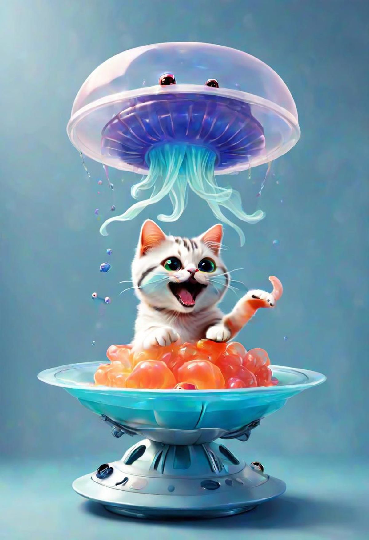 A cute kitten sitting in a bowl of jelly beans, surrounded by a bubble.
