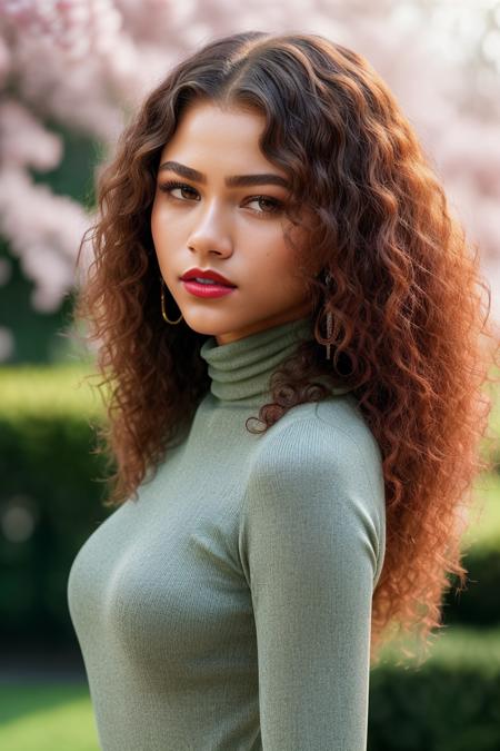 photo of extremely sexy (zend4y4-160:0.99), a woman as a sexy student, (curly hair), sexy waist, (tight yellow long sleeve turtleneck top), (long trousers), necklace, in a lush garden, cherry trees, (masterpiece:1.5) (photorealistic:1.1) (bokeh) (best quality) (detailed skin texture pores hairs:1.1) (intricate) (8k) (HDR) (wallpaper) (cinematic lighting) (sharp focus), (red lips), seductive pose, ((closeup portrait:1.2))