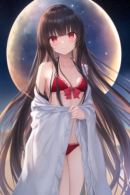 masterpiece, best quality, highres, solo, {night:1.10}, {starry sky:1.10}, beach, beautiful detailed sky, {extremely detailed background:1.20}, {houraisan_kaguya_touhou:1.10}, {standing:1.10}, looking at viewer, {bikini:1.30}, long_hair, black_hair, very_long_hair, bow, smile, bangs, hime_cut, red_eyes, brown_eyes, light smile