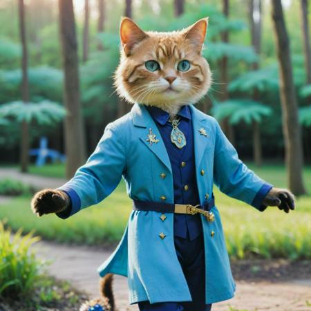 anime key visual, dense lake and trees, stylized, medium close-up shot of a flyweight Priest (cat pretending to be a human:1.3) , he is riding a Hummingbird, he has a very light smile, dressed in Distinctive Blue Cobalt Blue and Chartreuse standing upright and wearing human clothing from the 2020's, his hair is Russian and styled as Short and messy, he has a Familiar Punks Turquoise Patches, Giant Soul Patch, at Dawn, tilt shift, (by Jean Renoir:1.3) , (Darren Aronofsky:0.8) , (Hirokazu Kore-Eda:0.9) , Masterpiece, Romantic, Yume Kawaii, key light, Low shutter, Technicolor, Amber dust particles, Beige mist, charming Emerald Green eyes, pale skin, artstation, Highres
