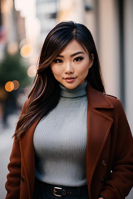 photo of (v1ck1li:0.99), a woman, RAW, close portrait photo, long brown coat, (turtleneck sweater), (trousers), (high detailed skin:1.2), 8k uhd, dslr, soft lighting, high quality, film grain, Fujifilm XT3 sharp focus, f 5.6, (closeup portrait)