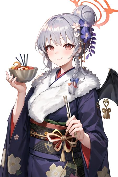 best quality, masterpiece, highres, solo, {haruna_bluearchive:1.15}, red_eyes, halo, braid, smile, wings, bangs, long_hair, grey_hair, blush, breasts, bow, white_hair, hair_bow, 1girl, chopsticks, flower, fur_collar, fur_trim, hair_bun, hair_flower, hair_ornament, holding, holding_chopsticks, japanese_clothes, looking_at_viewer, official_alternate_costume, single_hair_bun, single_wing, kimono, long_sleeves, obi, purple_kimono, sash, simple_background, white_background, black_wings, food, fur-trimmed_kimono, hair_between_eyes, upper_body