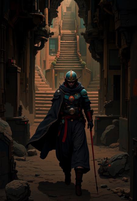 The human figure walks through the massive chamber, stairs in the distance, intricate gold detail on their cloak and helmet, matte painting, intricate scenery, realistic detail, ambient light