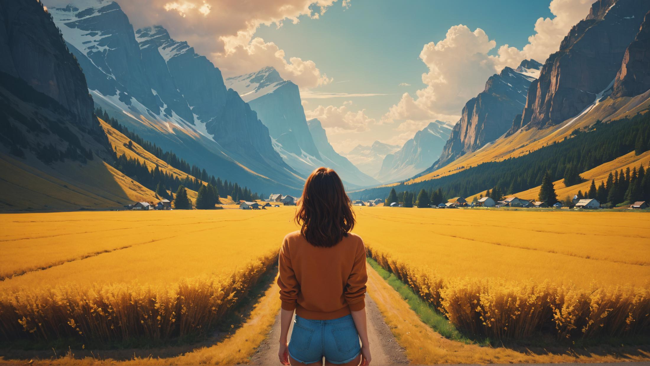 A woman walking on a road in front of a breathtaking mountain range.