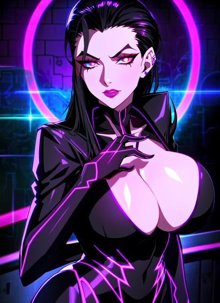 beautiful mature vampire princess, milf, forehead, hair slicked back, loving, glowing, best quality, highly detailed, (night scene:1.1), balcony, (seductive:1.1), huge breasts, collarbone, black hair, (neon trim:1.1), backlighting, neon, glowing, (purple theme, chromatic aberration:1.1), cyberpunk, mechanical parts, mechanical arm, <lora:dark style:0.6>, (shiny skin:1.2), neoun outline, villian, sadism, lips, soo