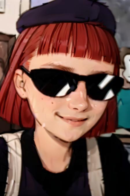 <lora:Judy Funnie V2:0.85> judy_funnie, red hair, sunglasses, shaved sides of head, purple beret, purple dress, black undershirt, indoors, smile, black stockings, day time, fcPortrait_Force_Portrait, portrait, close up, looking at viewer,  portrait,  close up,