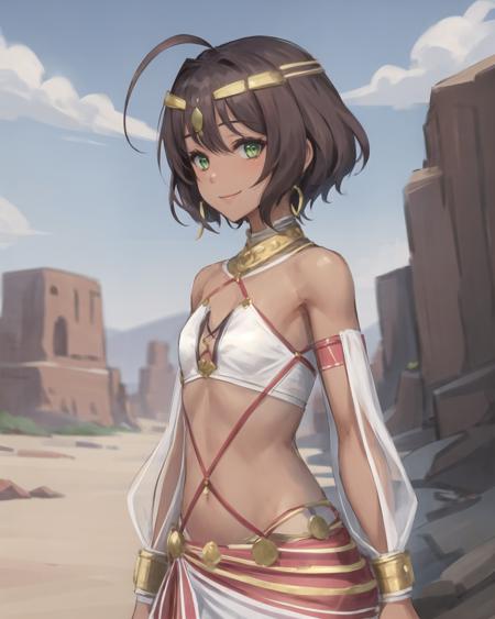 best quality, (masterpiece:1.2), illustration, absurdres,
(1girl), (solo), (beautiful detailed girl),
<lora:ShahinaDancer-06:0.8>, Shahina, green eyes, brown hair, short hair, ahoge, dark skin, flat chest, small breasts, young,
golden tiara, jewelry, arabian dancer outfit, white harem_pants, sandals,
smile, looking at viewer,
(upper body, portrait),, desert, sand dunes, sun, sky,, arms behind back