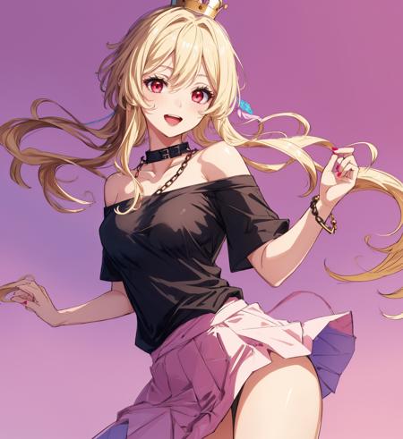 lumine, 1girl, :d, bare shoulders, black shirt, blush, breasts, chain, collar, collarbone, contrapposto, floating hair, gold chain, gradient background, long hair, looking at viewer, medium breasts, off-shoulder shirt, off shoulder, open mouth, perspective, pink nails, polos crown, purple background, red eyes, blonde hair, shirt, simple background, smile, solo, teeth, tongue, tsurime, upper teeth only, <lora:add_detail:0.5>, <lora:Lumine v3.0.3+:1>