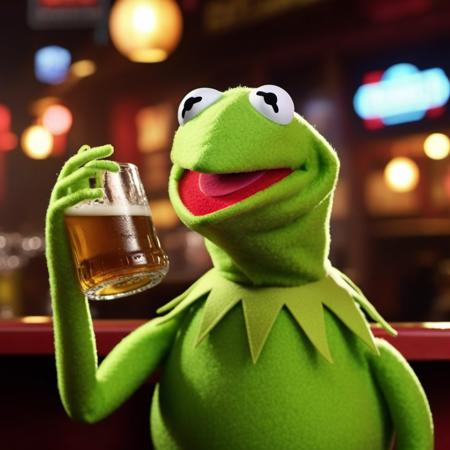 Kermit1024,a muppet frog, ((full body)), drink beer in a pub, neon lights sign "Kermit" , highly detailed, photography, ultra sharp, film, bokeh, professional, 4k  <lora:add-detail-xl:1.5>   <lora:Kermit1024:0.8>