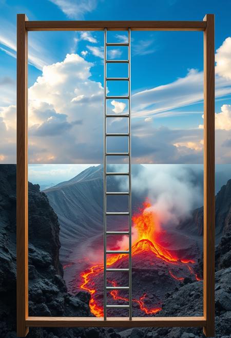 ultra high resolution, abstract digital art, beautiful detailed art, photo of a ladder going over the frame of a photo. The photo separated by a horizontal line: above that line is a beautiful skies and clouds, below the middle line is burning volcano and rocky landscape with magma, from the very bottom to the very top of the frame to the very bottom of the frame there is a ladder, masterpiece photo.