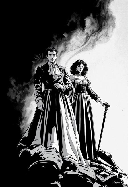 everything earthly has its own rise and fall, minimalist comic art meets classical portrait photography, graphic novel composition with painterly lighting, cinematic framing, expressive black-and-white linework fused with old master aesthetics, dramatic chiaroscuro, stylized realism, moody backgrounds with elegant props, symbolic visual storytelling, refined costume elements in graphic contrast, strong narrative focus,  figures posed with historical gravitas, vintage portrait atmosphere merged with bold panel layout, sharp visual rhythm, contemporary storytelling through classical form