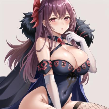 ivy fe, 1girl, solo, breasts, looking at viewer, blush, bangs, simple background, thighhighs, gloves, cleavage, bare shoulders, purple hair, parted lips, elbow gloves, cape, leotard, official alternate costume, see-through, covered navel, tiara, fishnets, brown background, fishnet thighhighs, fishnet gloves, <lora:Ivy_FE-15:0.6>