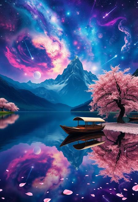 In a surreal and mystical landscape, a tranquil lake mirrors the vibrant, otherworldly colors of the surrounding dreamscape. A 1700s Japanese-style boat, crafted from aged wood with a rice paper-covered roof, floats gently on the water. The boat’s design is elegant yet understated, its subtle hues standing in contrast to the surreal vibrancy around it. Towering, jagged mountains rise majestically in the background, their peaks piercing a sky that swirls with cosmic energy, where stars and galaxies blend with vibrant nebulae. Cherry blossom trees line the shore, their blossoms glowing with an inner light that pulses in sync with the rhythm of the universe. As the petals fall, they dissolve into particles of pure energy, merging with the lake’s surface, which appears to ripple with hidden dimensions. The reflections on the water intertwine with the cosmic elements in the sky, creating a portal-like effect that hints at worlds beyond our perception. The entire scene feels as though it exists on the edge of reality, where the boundaries between the natural and the supernatural blur into a harmonious, yet utterly surreal vision of tranquility and beauty.