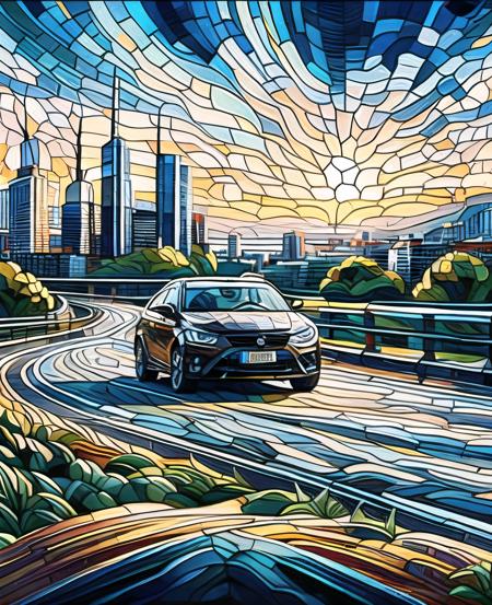 masterpiece, best quality, (The car was driving on the city road:1.2), full body,stained glass painting, blh,8K,HD,  <lora:Glass paintingV1-000016:0.9>