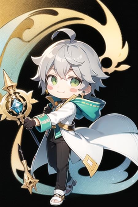 <lora:Ain-05:0.5> , ain, solo, looking at viewer, smile, gloves, 1boy, holding, jewelry, green eyes, jacket, full body, ahoge, grey hair, male focus, earrings, black gloves, pants, hood, chibi, coat, blush stickers, staff, single glove, white pants