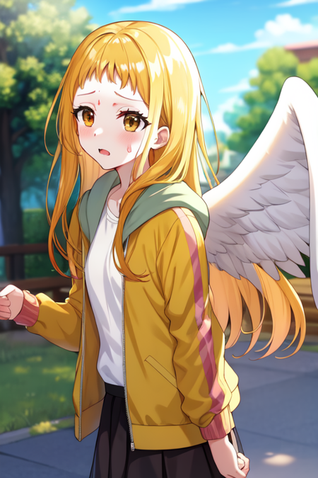 kasuganourara, sweatdrop, jacket, tree, sky, outdoors, angel wings, day, white shirt, eyelashes