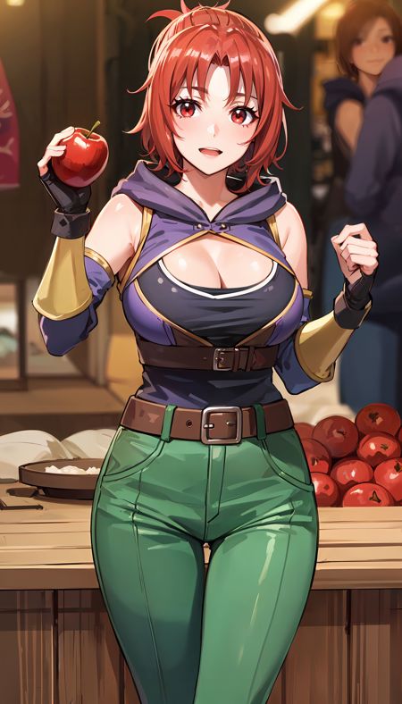 short ponytail red hair purple top cleavage cutout shoulder cutout hood down green pants fingerless gloves leather belt