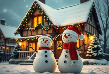 A highly detailed photorealistic image of a small-town house during Christmas, captured from a medium distance. The house is decorated with festive garlands, colorful lights, and a snow-covered roof. In front of the house, two lifelike snowmen stand side by side, both wearing Santa hats and smiling warmly. The surrounding scene features falling snow, with soft lighting that highlights the cozy and magical holiday atmosphere.
<lora:aidmaMJ6.1v0.4:0.6> aidmaMJ6.1  <lora:AntiBlur:1>