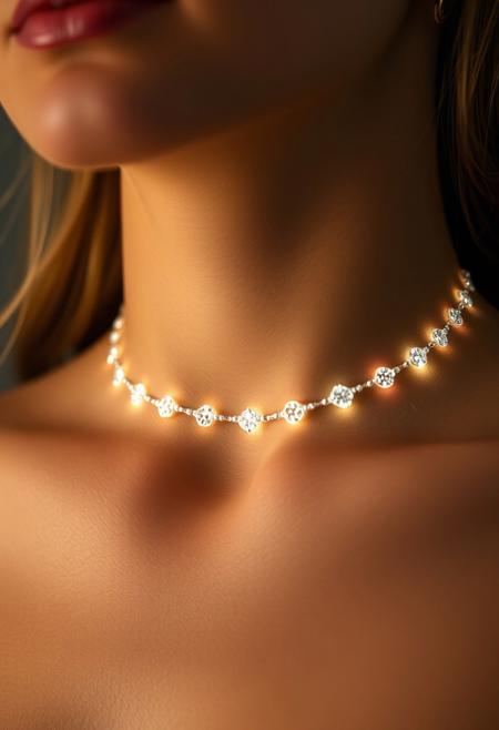 subdermal LED necklace, (internal LED glow:1.7), (embedded LEDs:1.8) forming radiant, intricate light clusters beneath the skin, (evenly spaced glowing points:1.7) creating a necklace-like pattern along the collarbone, soft light radiating through the skin, (delicate light clusters:1.6) mimicking classic diamond jewelry, (natural skin tone:1.5), (ultra-realistic skin texture:1.8), seamless light transitions following the curve of the neck, high-definition, (sophisticated light accents:1.6), perfect for both formal and casual wear, (worn jewelry:-1.8), (external necklace:-1.8), (visible diamonds:-1.8), radiant light seamlessly integrated beneath the skin, timeless yet modern, smooth glowing pattern