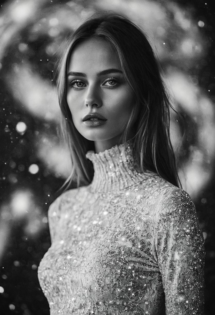 high-contrast palette, timeless feeling, cinematic quality, modern art photograph, beautiful female  Kristina Piminova adult face, perfect lips, full body portrait, standing, perfect eyes with galaxy in it,