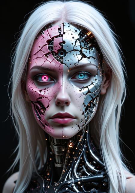 Lorena, full_details,, score_9, score_8, score_7, a striking portrait of a female figure with a split face. The left side of the face appears human, with pale skin, light blue eyes, and long white hair. The right side is a mechanical, cyborg-like structure with cracked, dark metallic surfaces and glowing pink elements, including a vivid pink eye. The contrast between the organic and mechanical halves is emphasized by the intricate details and vibrant colors. The background is dark, enhancing the dramatic effect of the glowing elements. The overall composition is centered, with the subject's gaze directed forward, creating an intense and captivating visual impact<lora:lora\Lorena_Garcia_Lorena_B_v2_e20.safetensors:1.0:1.0><lora:lora\Add_more_details_V2_XLpony.safetensors:0.8:0.8><lora:lora\Derelict_Faces_e31.safetensors:0.8:0.8>