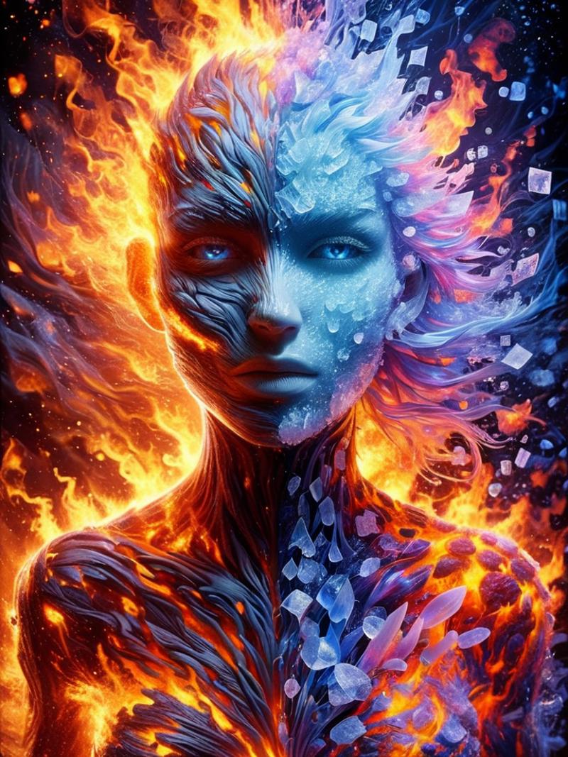 A digital painting of a woman with two faces, one on fire and the other on ice.