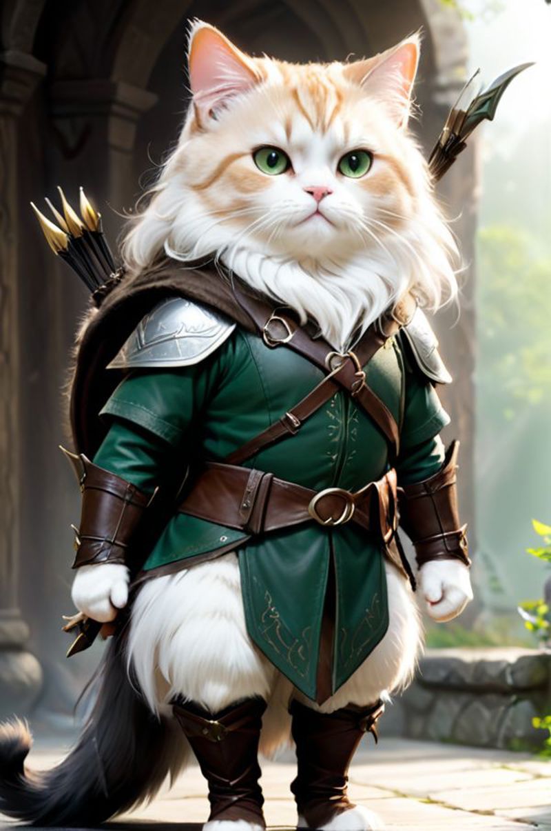 A cat dressed up as a warrior, wearing a green outfit, a backpack, and holding a bow and arrow.