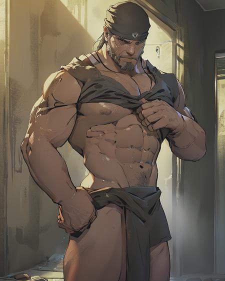 (best quality, masterpiece) marcus_fenix, black bandana, wearing towel, shirtless, shower, mirror <lora:Marcus_Fenix-15:0.9> nsfwEM