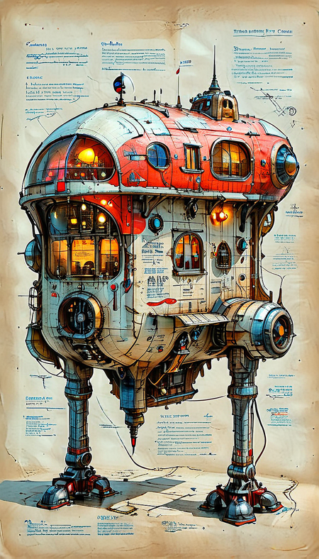 (cel-shading:2)+, (in ARTIST style:1.6), (masterpiece:1.7), night, glow neon, hyperrealism, glossy, shinny, clear image, accurate picture, clear picture, precise image, focused image,
An illustrated medieval old worn page of (zeppelin, science fiction, standing, Walking vehicle, red paint), made with ingredients including: (mechanical legs, antenna, parts, wires), text is Old English and Gothic, parchment page, intricate details, muted colors, high resolution, best quality, fantasy vibe (ultra sharp focus:2), (detailed windows:2), (thin lines:2), (best quality:1.8),
<lora:MJ52:0.8> <lora:ParchartXL_CODA:1>,
<lora:add-detail-xl:1> (ultra sharp focus:1.8), (detailed skin:1.8), (thin lines:1.8), (best quality:1.8),
<lora:Apparatus_-_Traction_City_Walkers_Vehicles:0.7>, <lora:Someplastic_b:0.6>,
<lora:glowneon_xl_v1:0.6>