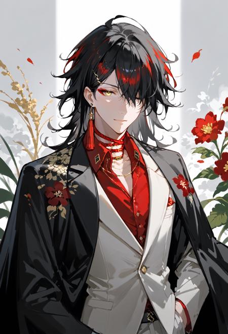 Vox Akuma, 1boy, black hair, yellow eyes, tassel earrings, jewelry, red hair, multicolored hair, red shirt, hair over one eye, floral print, white jacket, single earring, collared shirt, long hair, red eyeshadow, formal, red choker, black kimono, suit, streaked hair, hairclip, dress shirt, hair ornament, vest, eyeliner, one eye covered Vox Akuma, 1boy, black hair, yellow eyes, multicolored hair, red hair, red eyeshadow, medium hair, hair between eyes, hair ornament, red eyeliner, hairclip,