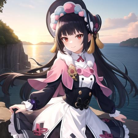 ((masterpiece)),(best quality),official art,extremely detailed CG,unity 8k wallpaper,ultra detailed,A lighthouse on a cliff by the sea,1girl,solo,upper body,looking at viewer,red_eyes,long_hair,knee_boots,blunt_bangs,long_sleeves,dress,black_hair,purple_pantyhose,smile,lolita_fashion,black_footwear,tassel,bonnet,pink_capelet,fur_collar,eyeshadow,makeup,<lora:Yunjin(gen)>,