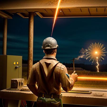 Wooden worker shooting lightning from his hands at power poles, 8k extreme detail, Outside, standing next to a metal machine, realistic, perfect, no mistakes,