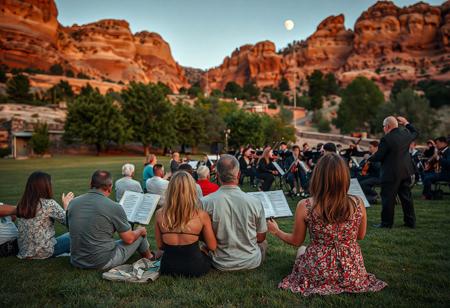 couples on a large lawn in front of a wall of natural red rock formation, listening to an orchestra on a warm summer night in the foothills, half moon, sitting resting on hands, some snuggling, one couple kissing,  conductor smiling, close up on orchestra