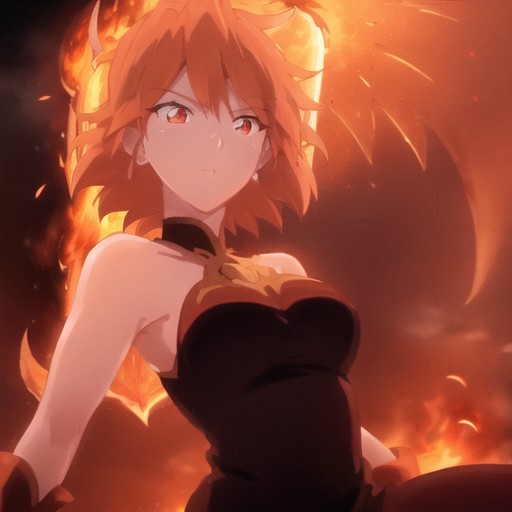 woman,<lora:lina:1>, lina, short hair, flying over city, fire, red glow