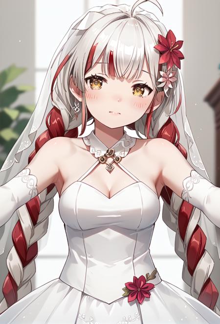 <lora:Xuanxiaozhi3:0.8>,xuanxiaozhi,long hair,twin braids,braid,ahoge,breasts,hair flower,hair ornament,yellow eyes,virtual youtuber thighhighs,single thighhigh,japanese clothes,shirt,black shirt, black gloves,black footwear,white shorts,