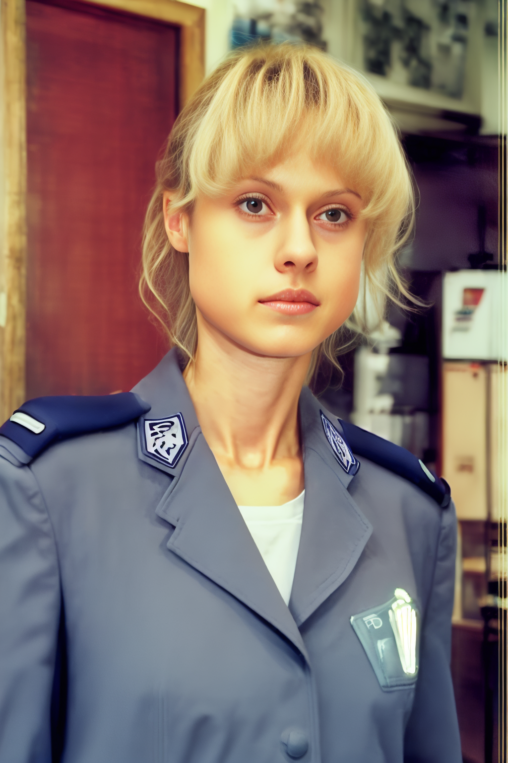 photo realistic photorealistic shot, woman girl 1girl, young slim slender blonde, police uniform, kasia 13 posterunek <lor...