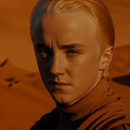 draco malfoy is harvesting spice in a stillsuit on the desert plant arrakis, DUNE, sandworm, <lora:Draco Malfoy v1.0:1>