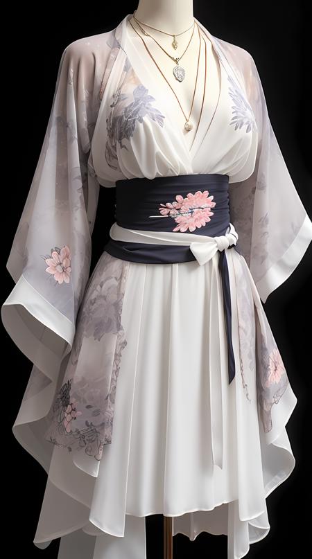 (best quality, masterpiece:1.2),photorealistic,ultra high res,front lighting,intricate detail,Exquisite details and textures,vibrant,face highlight,sexy,seductive,jewelry,necklace,floral print,japanese clothes,breasts,head out of frame,dress,joints,kimono,sash,bracelet,arms at sides,standing,simple background,see-through,wide sleeves,white dress,black background,(no humans:1.4),