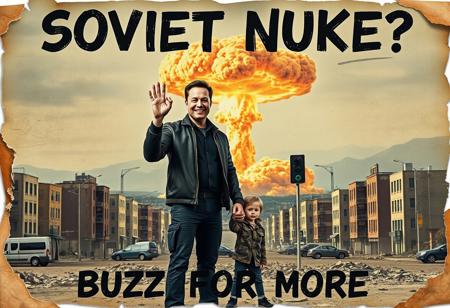 “A decayed, vintage-style poster from 2024, weathered and torn, depicting a surreal and apocalyptic scene in a contemporary setting. The faded image shows Elon Musk, dressed in modern clothes, standing with his young son. Musk holds his son’s hand with one hand while making an exaggerated ‘OK’ sign with his other hand, his wide, mad smile radiating an eerie and unsettling charm. In the far background, a massive nuclear mushroom cloud rises ominously, with fiery orange fireballs at its base and visible blast waves rippling through the urban landscape. The scene is set in a desolate, abandoned city, with ruined buildings and empty streets. The poster’s bold text, ‘SOVIET NUKE?’ across the upper section and ‘BUZZ FOR MORE’ in the lower section, is faded, smeared, and inked with scribbles and stains. The paper appears rotten, with tears, creases, and discolored edges, contributing to the haunting, post-apocalyptic atmosphere of the piece.”